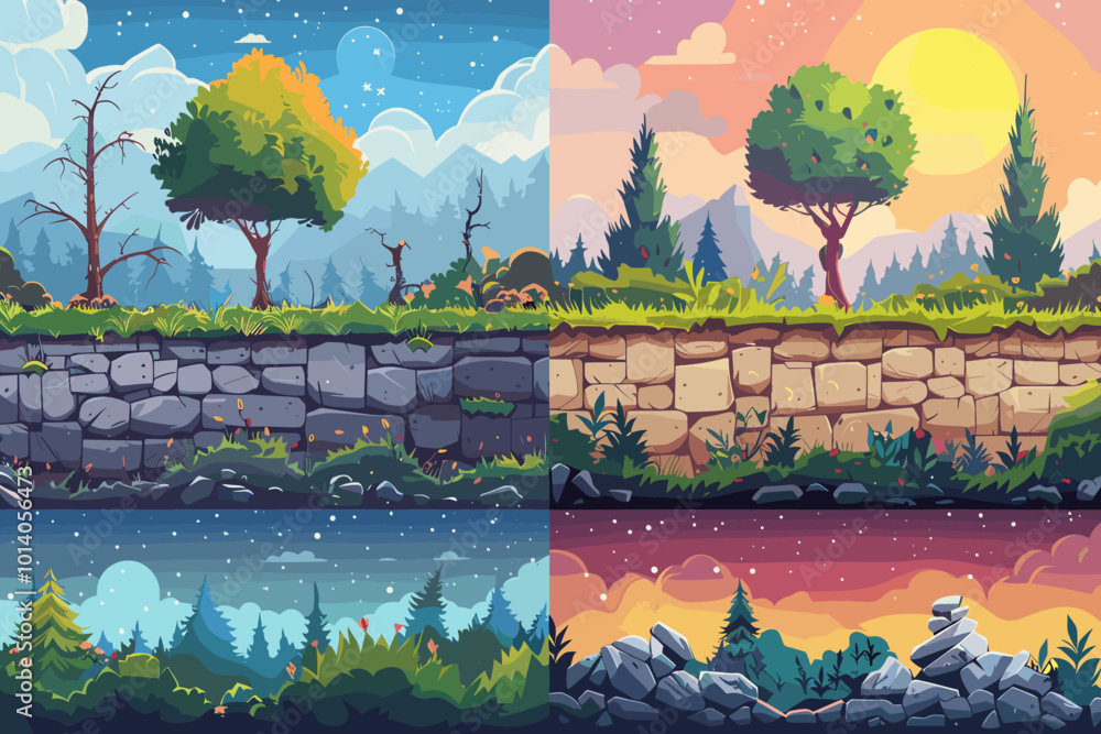 Poster four different scenes of a forest with a tree in the middle. the first scene is a winter scene with 