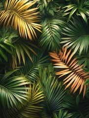 Tropical leaves are shown in a close up