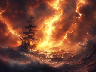 Pirate ship caught in a fierce storm at sea lightning strikes the mast as the crew battles the raging ocean and howling winds