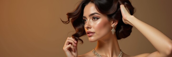 A glamorous woman showcasing elegant jewelry against a warm backdrop, perfect for beauty, fashion, or luxury lifestyle themes.