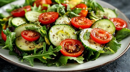 Fresh salad with cucumber, tomatoes, and greens.