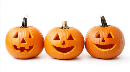 Three Halloween pumpkins arranged in a row on a white background, featuring carved faces and vibrant orange color, creating a simple yet festive and spooky atmosphere.