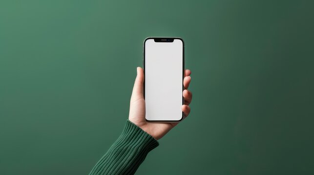 A hand holding a smartphone with a blank screen against a green background.