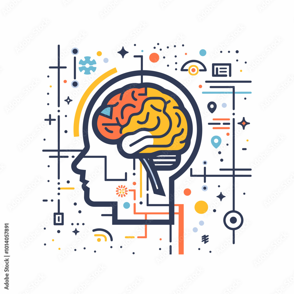 Aufkleber a brain with a lot of different shapes and colors surrounding it. the brain is surrounded by a lot o
