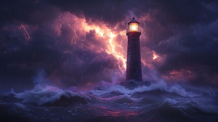 Lone lighthouse on a rocky coastline is struck by lightning the beacon glowing in the midst of heavy rain and crashing waves as natures fury unfolds