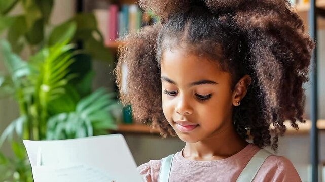 A young girl with curly hair and an afro hairstyle reads a book by a sunlit window. She wears a light pink shirt and white overalls, surrounded by greenery and bookshelves. The mood is calm and