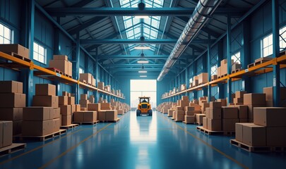 Fototapeta premium A spacious warehouse interior featuring stacks of cardboard boxes and a forklift, perfect for logistics, inventory management, and supply chain operations.