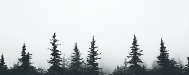 Foggy forest with silhouette of pine trees, serene nature scene. Tranquility and wilderness concept