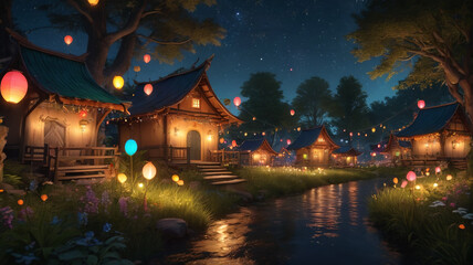Fototapeta premium Illuminated by the soft glow of fireflies, the elf village twinkles with colorful lanterns and glowing orbs, turning the night into a magical spectacle of light and color, Generative AI