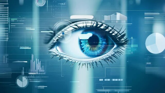 Holographic glowing eyes AI computer vision virtual reality eye eyelid lens augmented projection robot humanoid technology tracking smart digital moving retina iris innovation biotechnology science