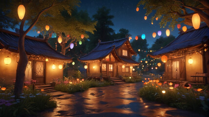 Illuminated by the soft glow of fireflies, the elf village twinkles with colorful lanterns and glowing orbs, turning the night into a magical spectacle of light and color, Generative AI