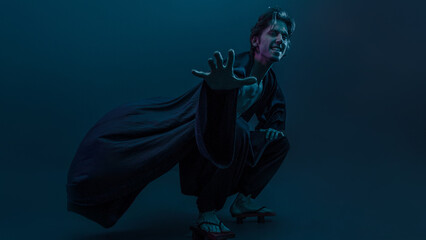 Fototapeta premium A guy in a kimono and geta in the image of a charismatic villain, dynamic poses, wide-angle view