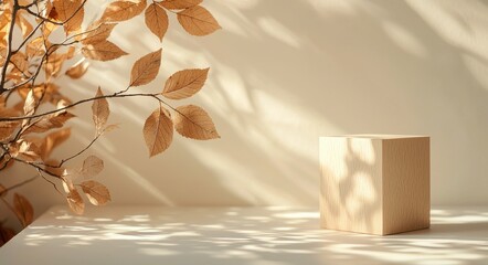 A serene mockup showcasing an empty wooden cube next to autumn leaves casting soft shadows on a neutral background