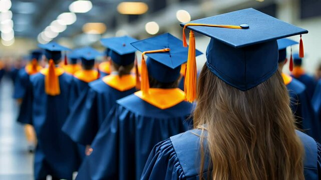 A joyful group of graduates wearing blue caps and gowns gathers for a commencement ceremony, showcasing their excitement and anticipation for the future.