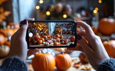 Capturing a cozy autumn kitchen setting with pumpkins and leaves using an iPhone camera, surrounded by warm lights and inviting seasonal decorations