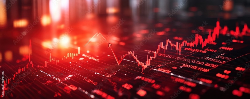 Poster dynamic red stock market graph showcasing volatility with an upward trending arrow symbolizing econo