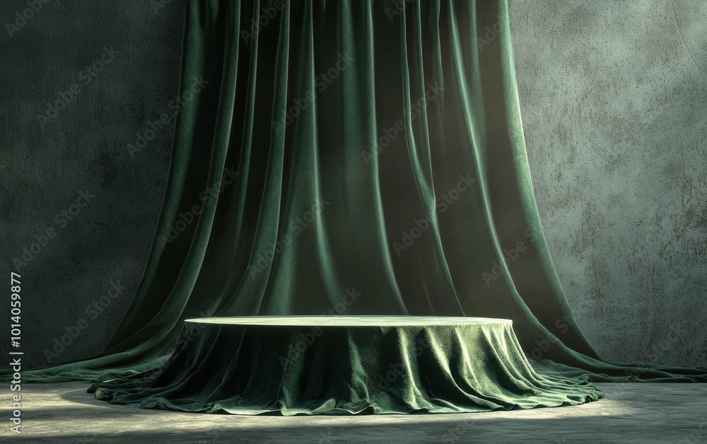Poster Dark green velvet cloth draped with elegant shadows creating a luxurious and textured backdrop or stage setting
