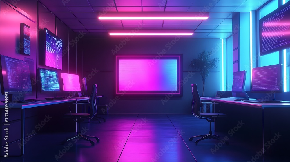 Poster neon lit office space with a blank screen in the back.