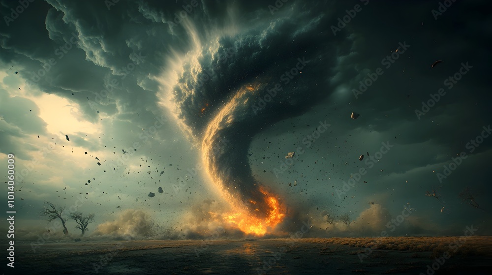 Poster gripping 3d visualization of a massive swirling tornado raging across an open field viewed from an o