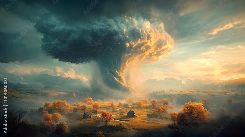 Aufkleber 3d depiction of a massive swirling tornado twisting through a rural landscape captured from an obliq