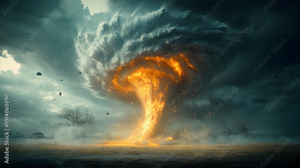 Poster gripping 3d visualization of a massive swirling tornado raging across an open field viewed from an o