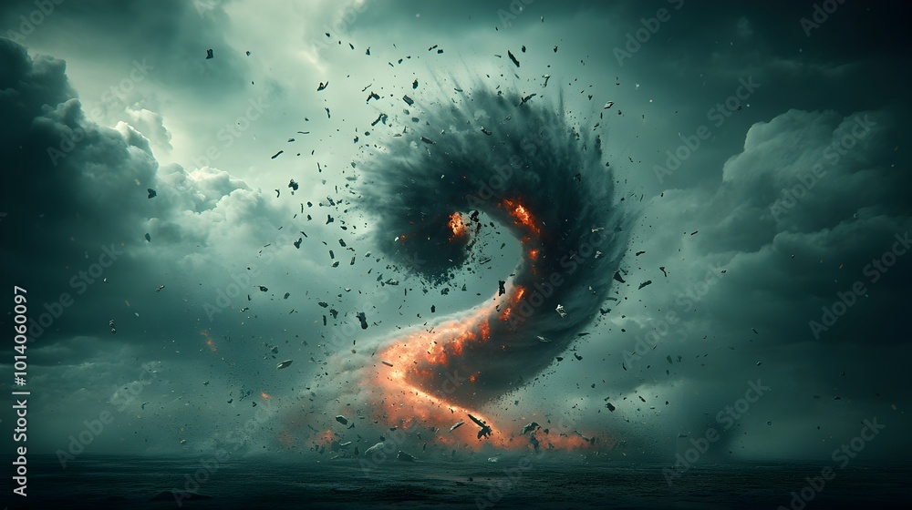 Poster a gripping 3d depiction of a massive tornado raging across an open field shot from an oblique high a