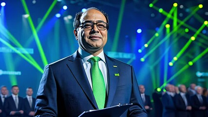 A keynote speaker addresses the audience at a corporate event focused on green technology solutions. The atmosphere is filled with vibrant lights and engaged attendees.