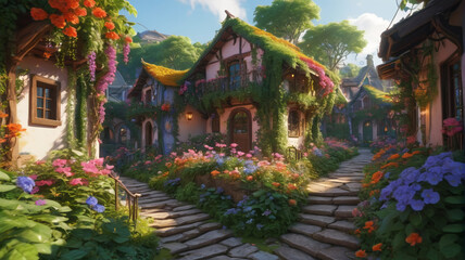 Obraz premium Wrapped in the embrace of lush foliage, the elf village is a riot of colors, with cascading vines and blooming flowers adorning every rooftop and pathway, Generative AI