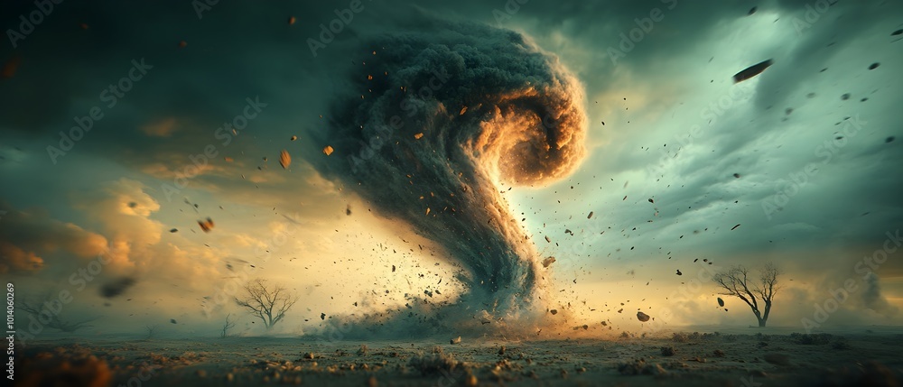 Poster sweeping awe inspiring tornado dominating the frame churning winds and debris creating a sense of in