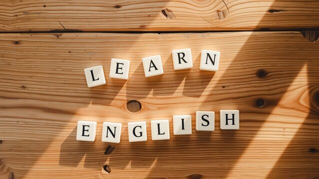 Learn English - Scrabble Tiles on Rustic Wood, Close-up image of Scrabble tiles spelling "LEARN ENGLISH" on a weathered wooden surface. Sunlight casts shadows.