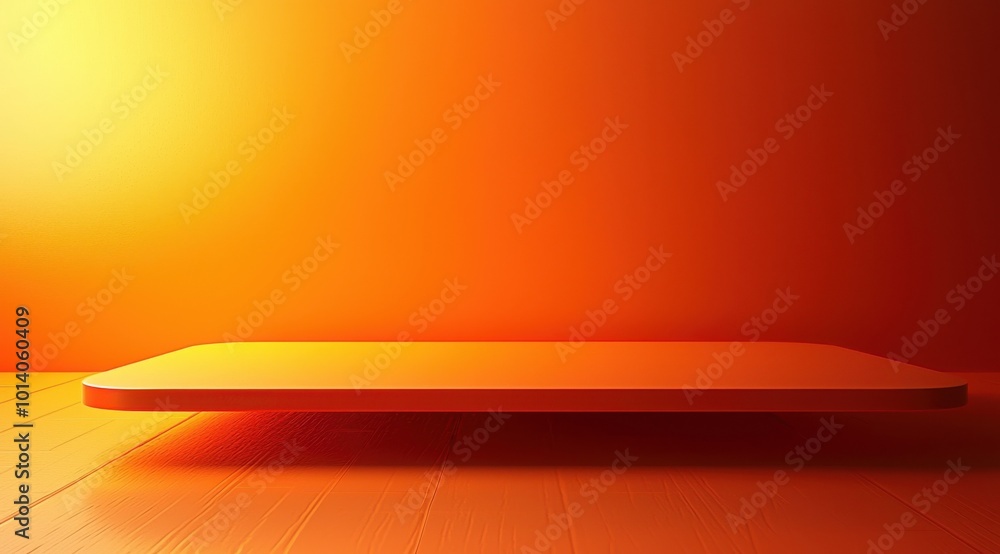 Poster vibrant orange gradient background with minimalist floating platform creating a modern and abstract 