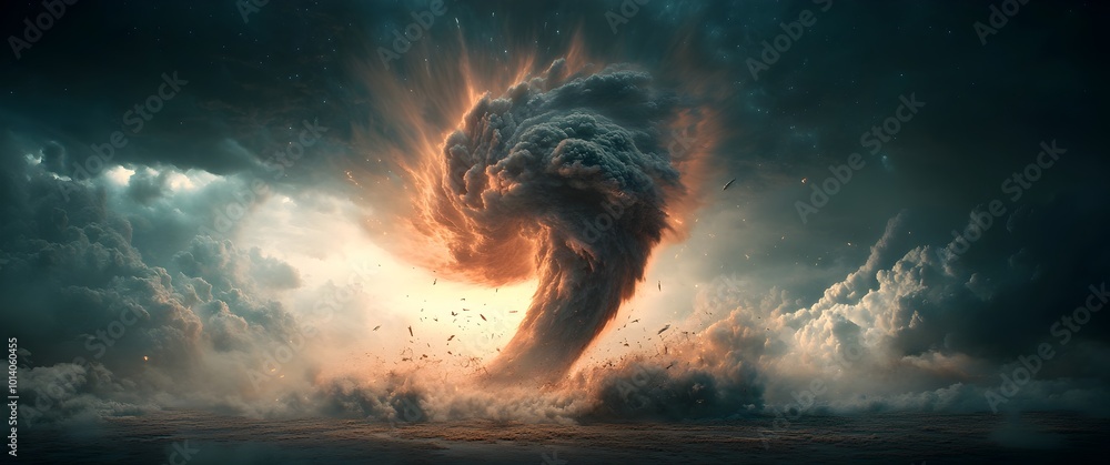 Poster 3d rendering of a colossal tornado tearing through a vast rural landscape captured from a dynamic lo