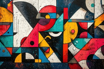 Colorful graffiti-style abstract art featuring geometric shapes and bold patterns