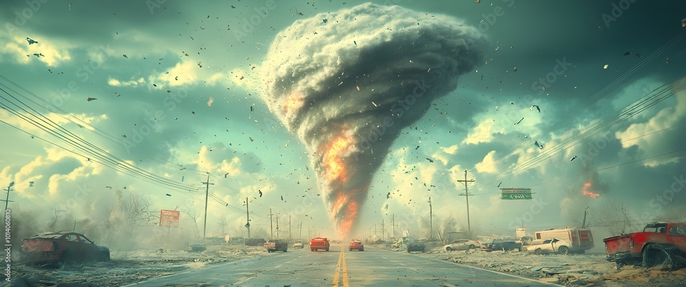 Poster dramatic 3d render depicting a colossal tornado hurtling down an open highway viewed from a diagonal