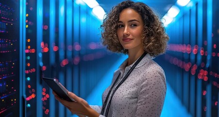 Confident woman in white shirt using iPad in modern data center environment, surrounded by glowing servers and technology