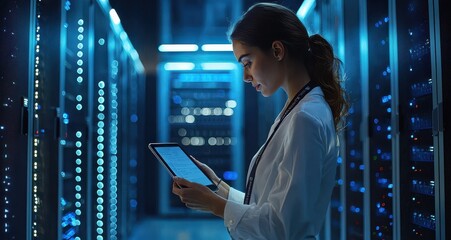 A focused woman in a white shirt holds an iPad while working in a high-tech server room.