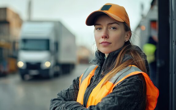 Confident woman in high-visibility vest supervising logistics at an industrial site with a truck