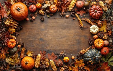 Wooden background surrounded by autumn decorations including pumpkins, leaves, and corn, capturing...