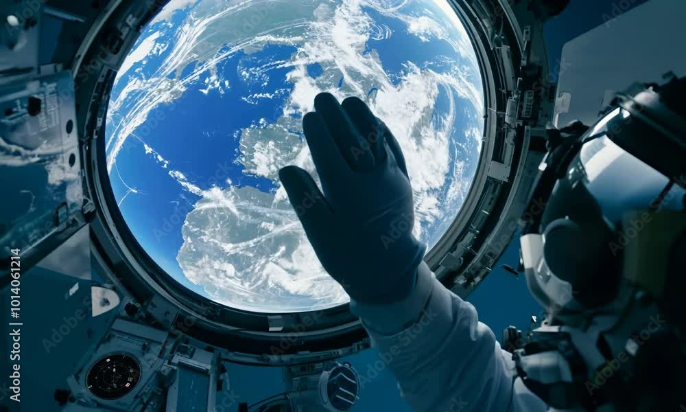 Poster astronaut looking at earth from the window of a spaceship. video