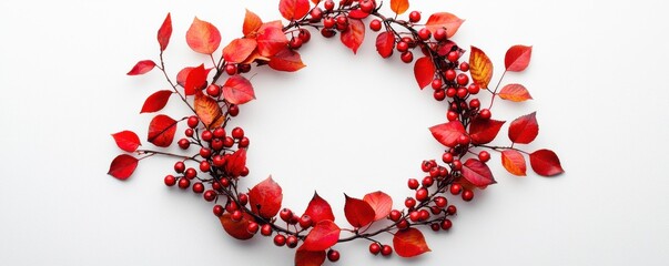 Elegant wreath crafted with vibrant red autumn leaves and berries, perfect for seasonal decorations or fall-themed designs