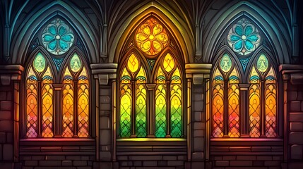 Fototapeta premium Stained glass windows in the Gothic style, depicted in a vintage drawing art piece
