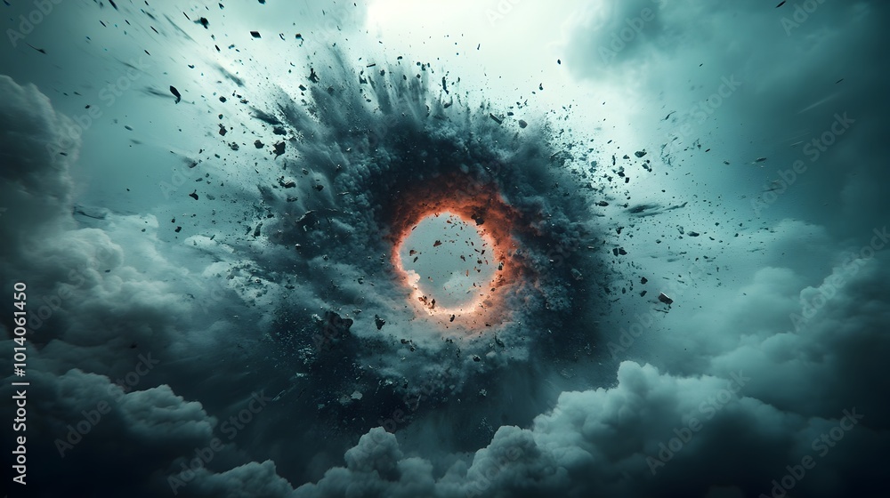 Poster captivating 3d rendering of a powerful tornado vortex descending from the gloomy dramatic clouds wit