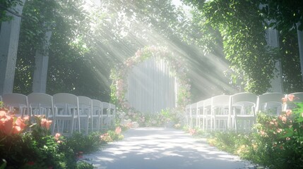 Enchanting Ray Tracing Wedding Scene in a Serene Outdoor Ceremony Space
