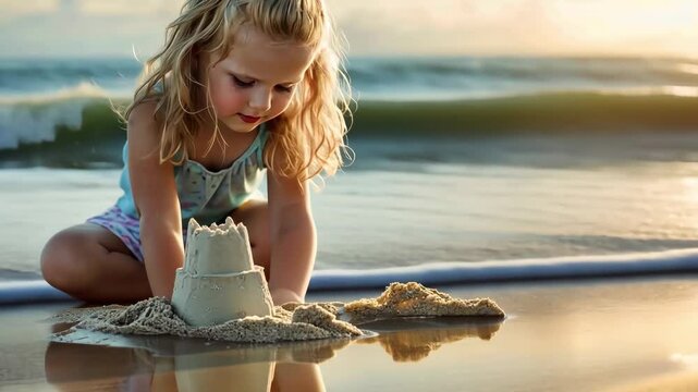 Young girl builds a sandcastle on the beach during sunset while waves gently lap at the shore in a beautiful coastal location