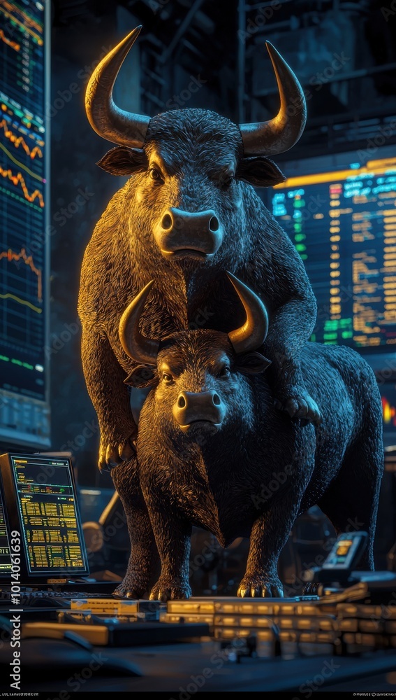 Poster dynamic depiction of bulls symbolizing financial strength in a high-tech stock market environment wi