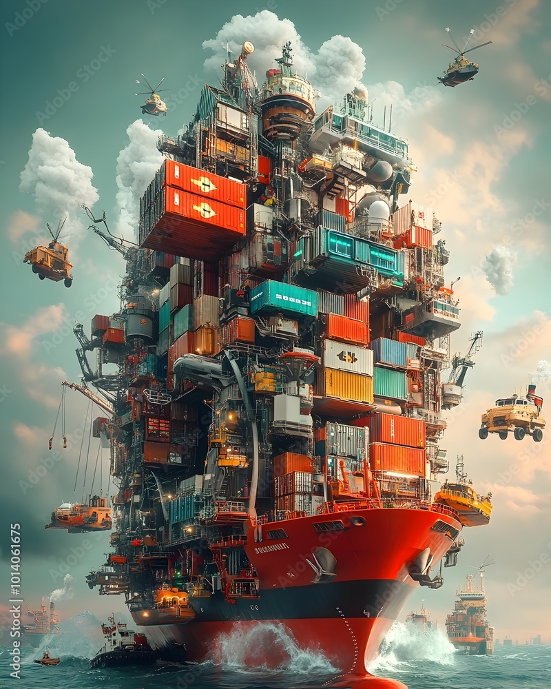 Aufkleber towering cargo container ships of the future showcasing advanced hull designs intricate robotic load