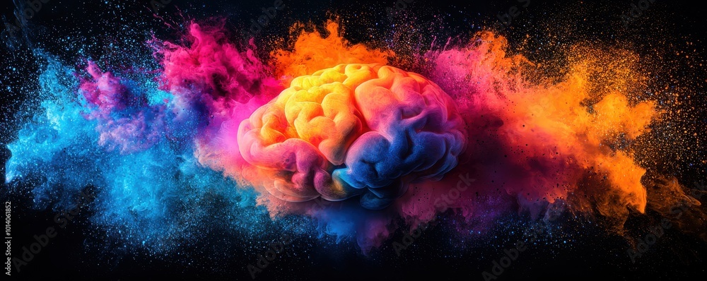 Poster vibrant explosion of colors illustrating the human brain creating a dynamic and artistic interpretat