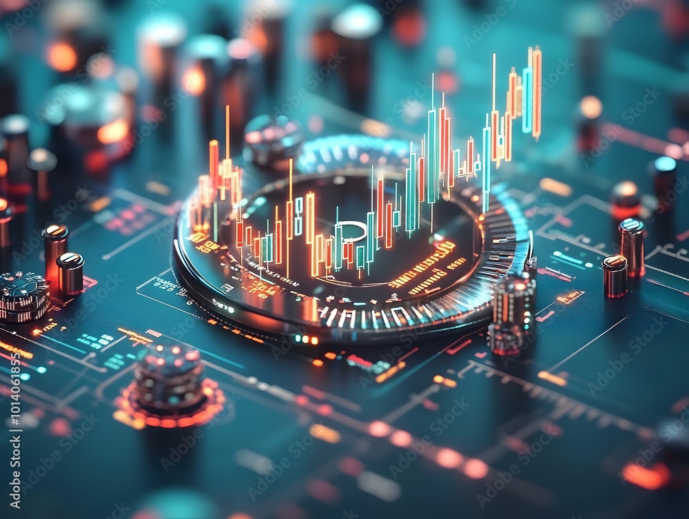 Poster detailed macro photograph showcasing the digital and technical aspects of a market trading chart fea