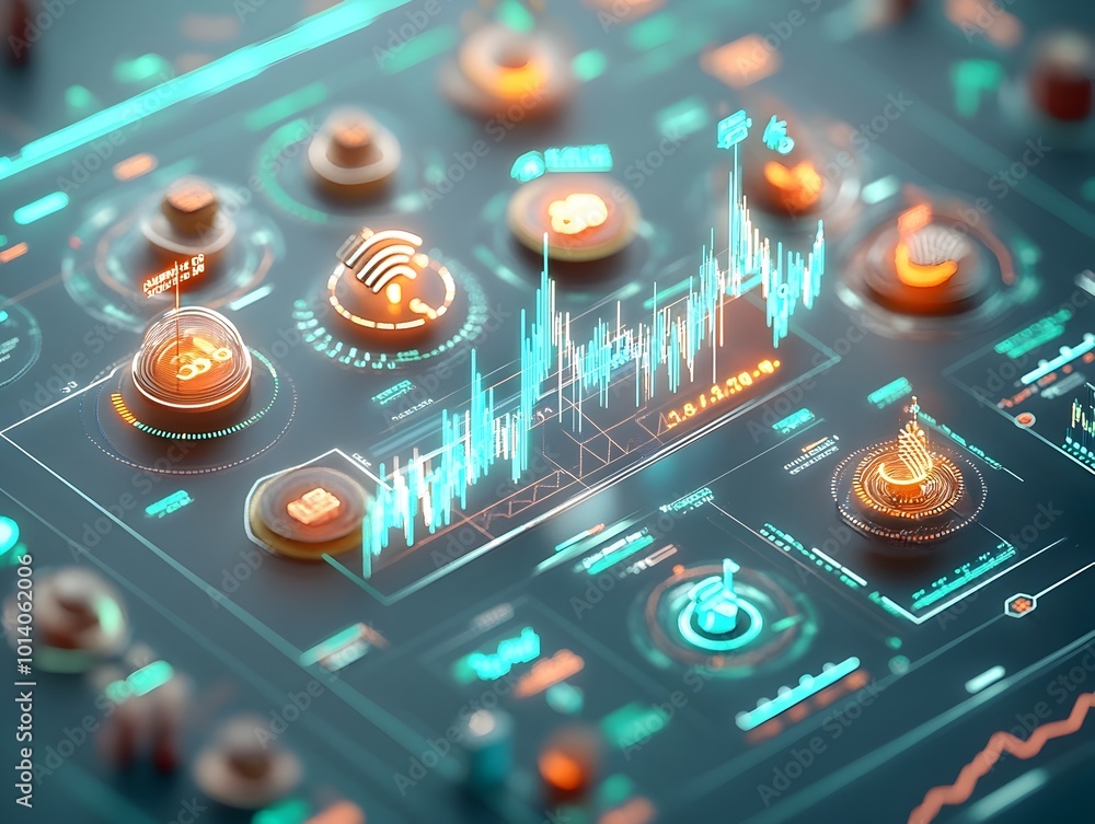 Poster sophisticated blue market trading interface meticulously analyzing complex financial data patterns c