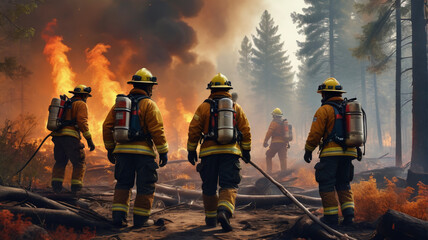 Obraz premium Brave volunteers join forces with firefighters to battle the blaze, working tirelessly to protect homes, wildlife, and the natural beauty of the forest, Generative AI